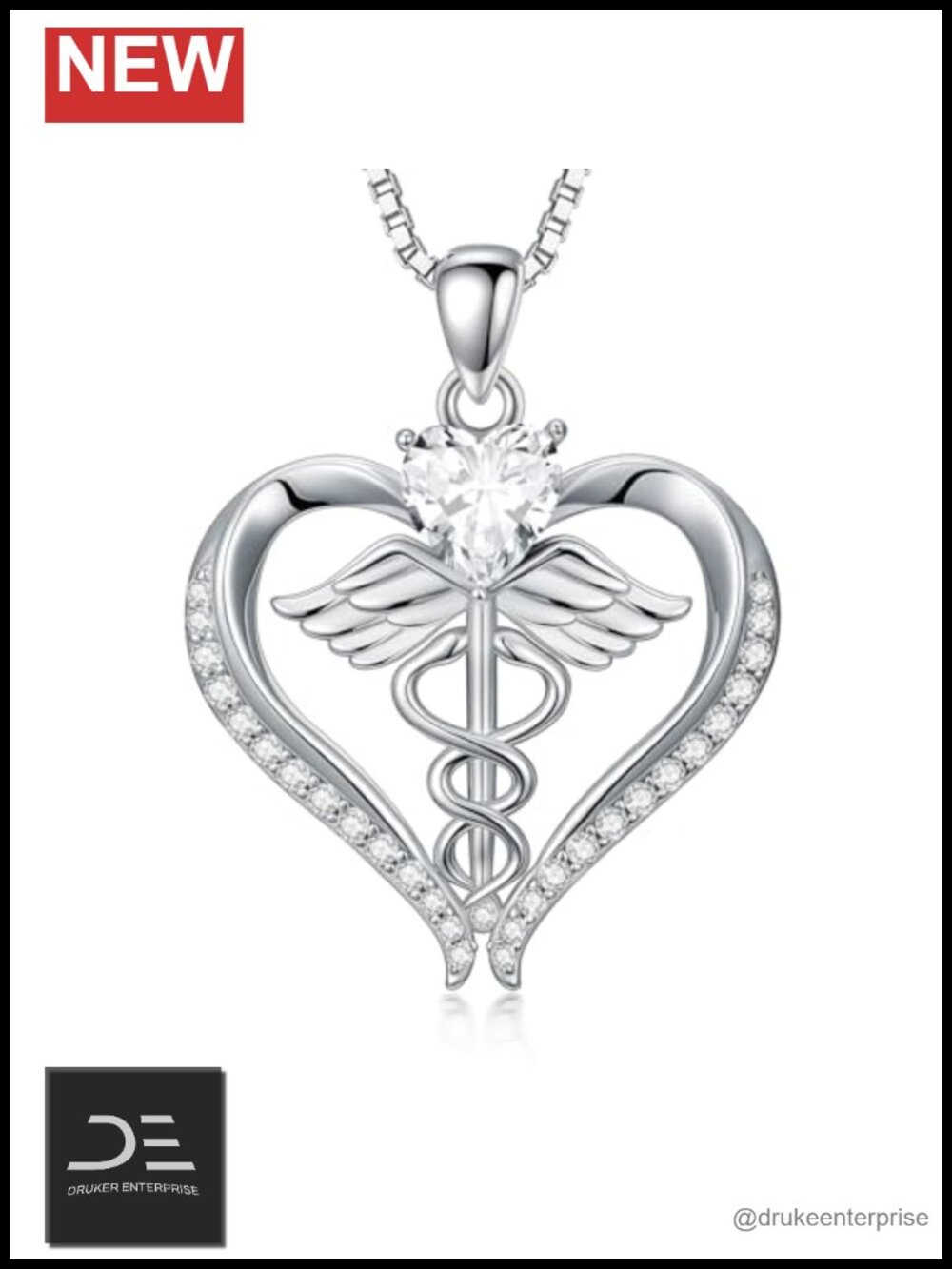 925 Sterling Silver Caduceus Heart Moissanite Necklace Nurse Gift